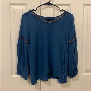 Blue Balloon Sleeve Top with Embroidered V Neck